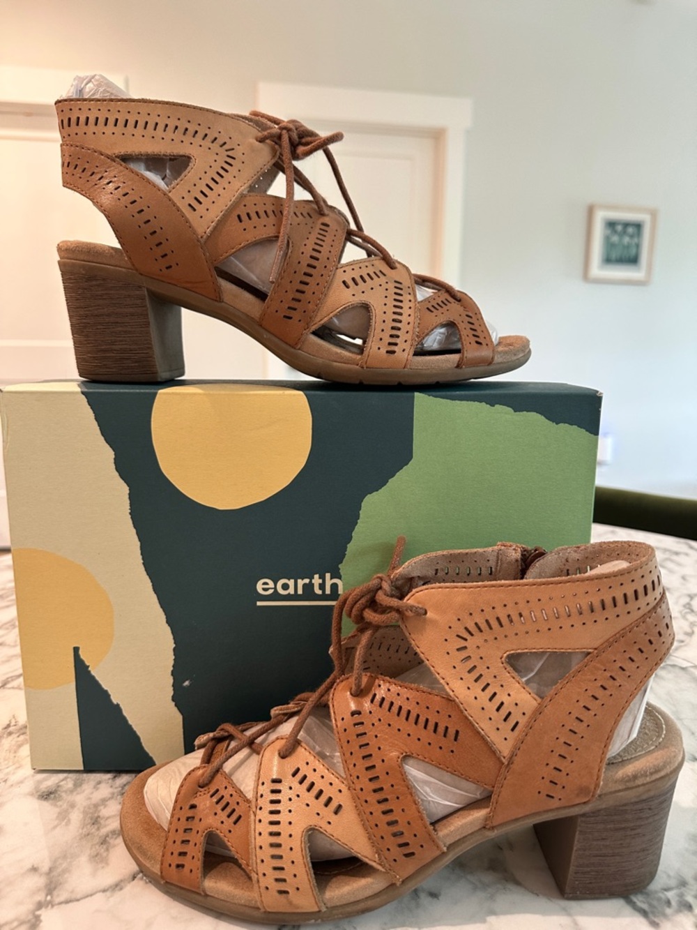 Earth Steph Mali Tan Leather Lace-Up Block Heel Sandals Heels